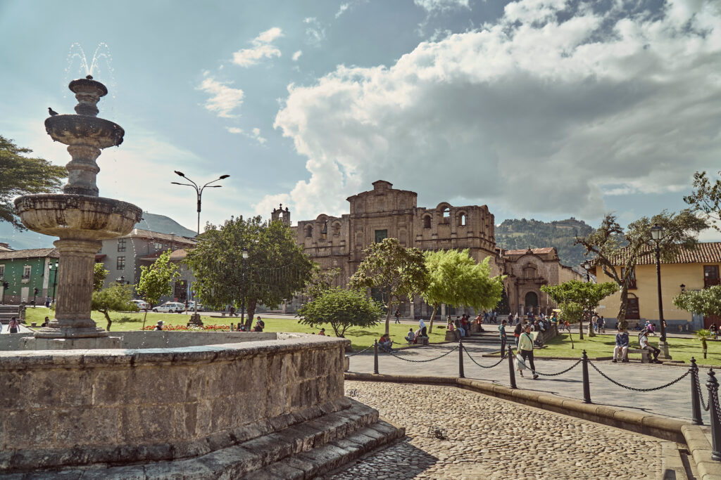 The fountain and church in the main plaza of Cajamarca