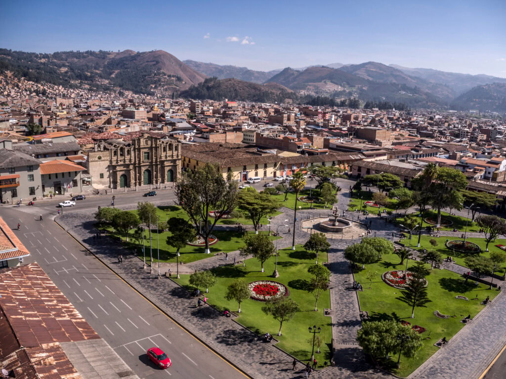 Aerial view of the Plaza de Armas in Cajamarca