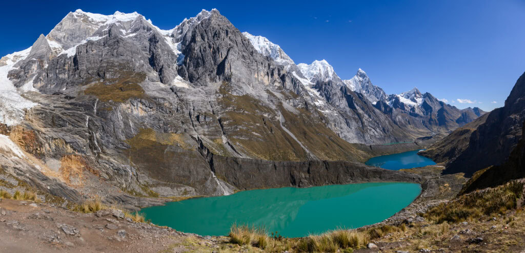 Blue glacial lakes on the Huayhuash Trek