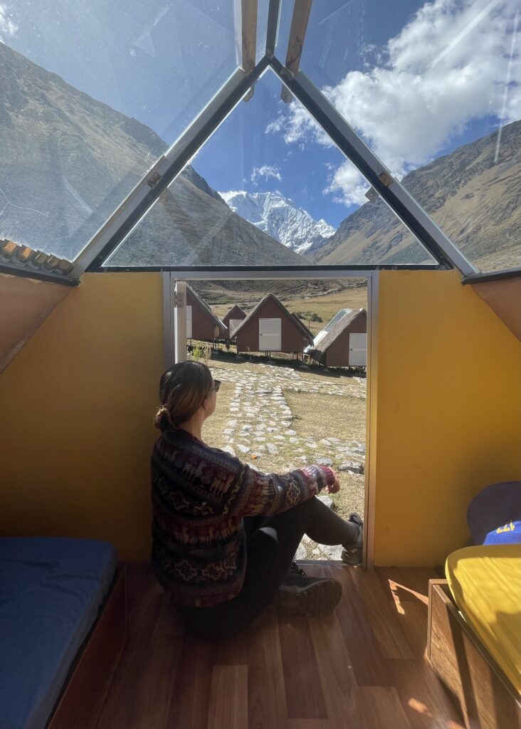Megan in a camping hut on the Salkantay Trek to Machu Picchu