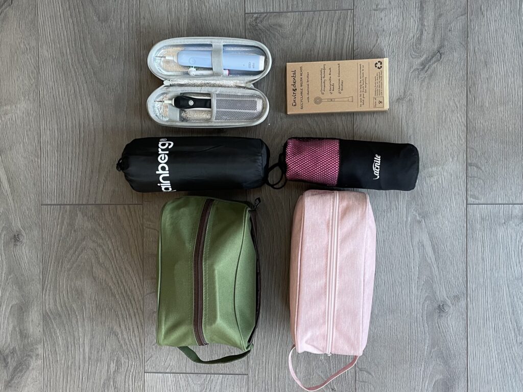Megan and Dan's tolietry bags, microfibre towels and toothbrushes 