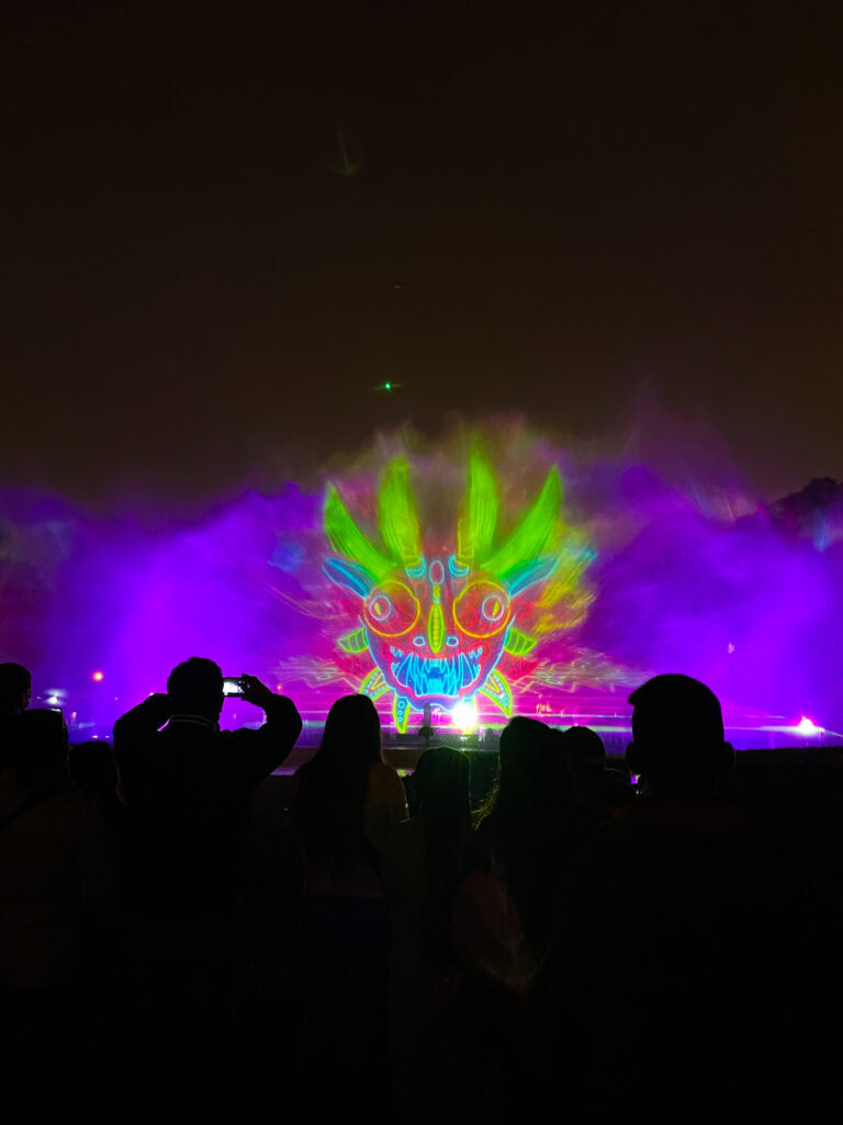 Fountains lit up in bright colours for the fountain light show