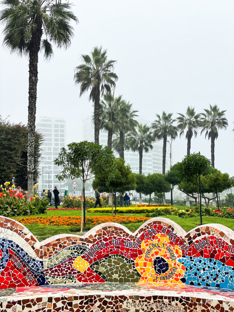 The colourful mosaic bench of El Parque Del Amor along the Malecon walkway. Visiting here is one of the best things to do in Lima.
