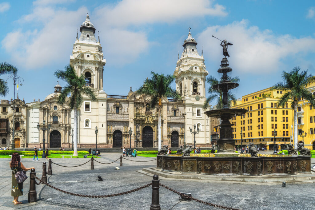 Main Square or Plaza Mayor or Plaza de Armas of Lima in the Historic Center of town, surrounded by colonial buildings.