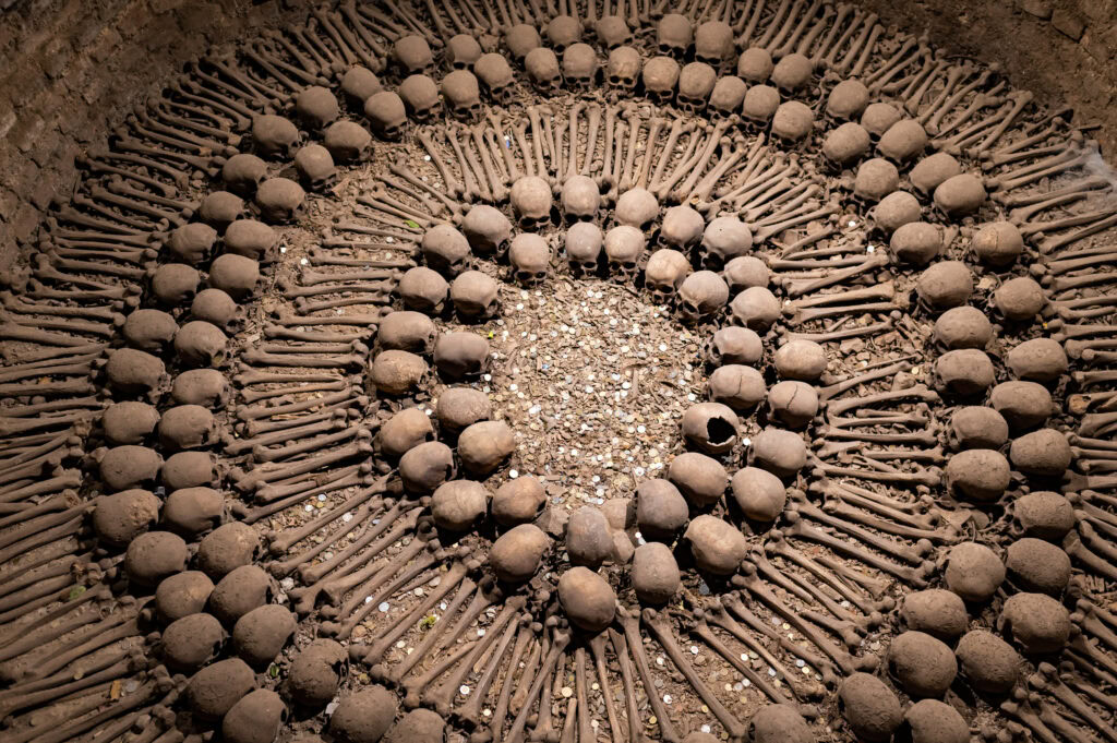 The skulls and bones arranged in a circle in the catacombs of the San Francisco Monastery 